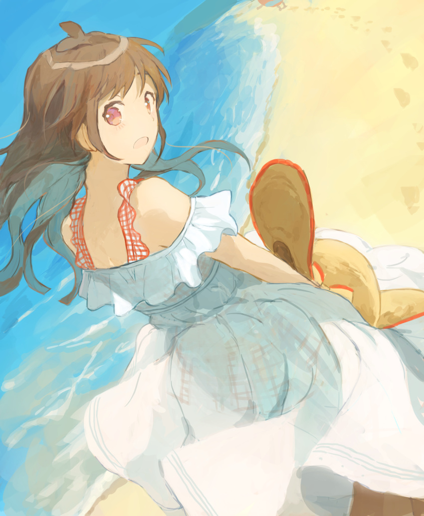 1girl :o antenna_hair beach blush brown_hair dress floating_hair frilled_dress frills goto_(cach8237) hat hat_removed headwear_removed highres holding holding_clothes holding_hat idolmaster idolmaster_cinderella_girls looking_at_viewer looking_back off-shoulder_dress off_shoulder outdoors red_eyes solo straw_hat tsujino_akari white_dress