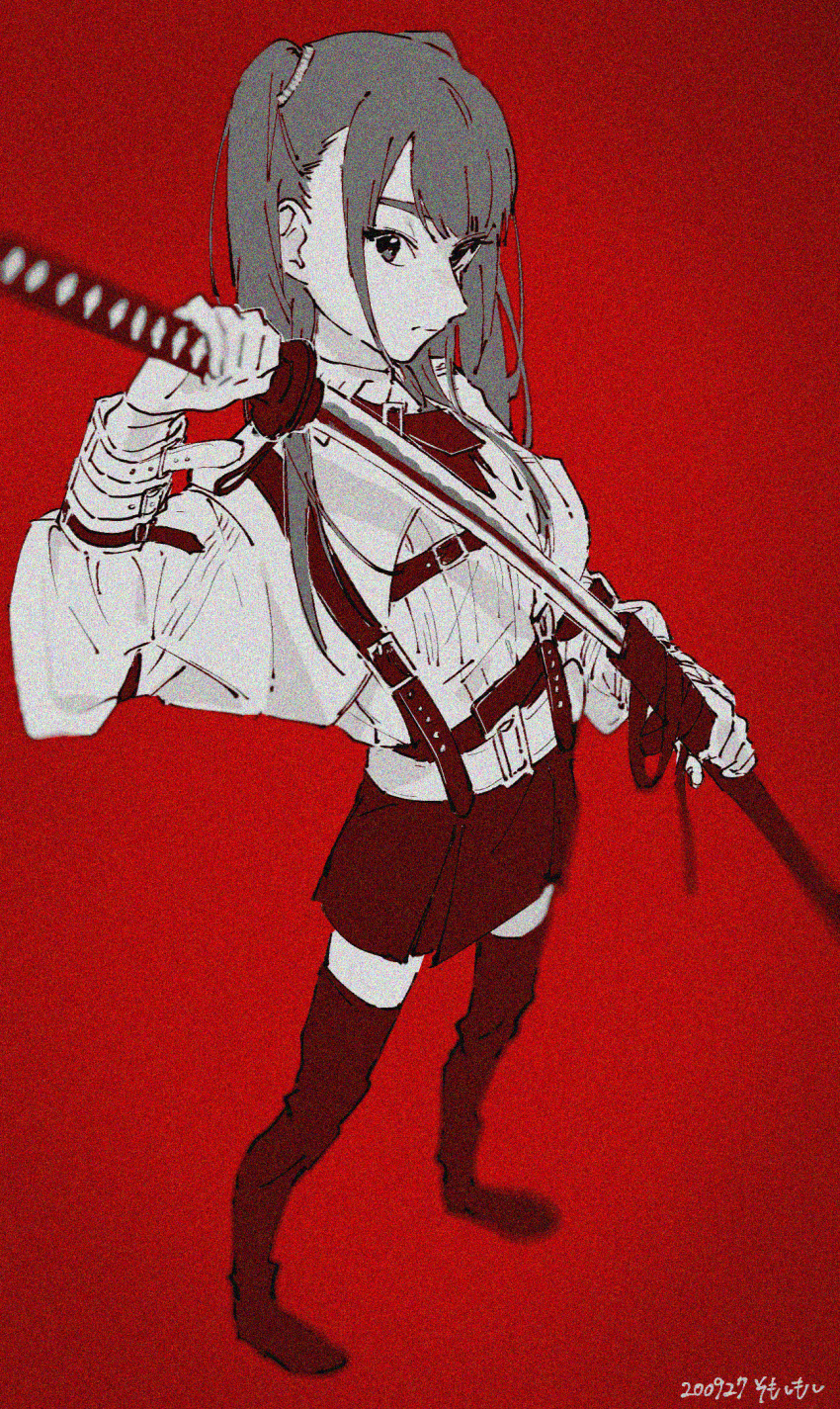 1girl belt belt_buckle buckle dated film_grain greyscale highres holding holding_sheath holding_sword holding_weapon katana long_hair monochrome original red_background scabbard sheath signature skirt solo somosimosi spot_color standing sword twintails unsheathing weapon