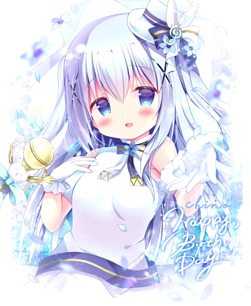 1girl :d absurdres azumi_kazuki bangs bare_shoulders blue_eyes blue_flower blush breasts character_name commentary_request cropped_torso dress eyebrows_visible_through_hair flower gloves gochuumon_wa_usagi_desu_ka? hair_between_eyes hair_ornament hands_up happy hat highres kafuu_chino long_hair looking_at_viewer microphone mini_hat open_mouth petals silver_hair sleeveless sleeveless_dress small_breasts smile solo tilted_headwear tippy_(gochiusa) treble_clef upper_body very_long_hair white_dress white_gloves white_headwear x_hair_ornament