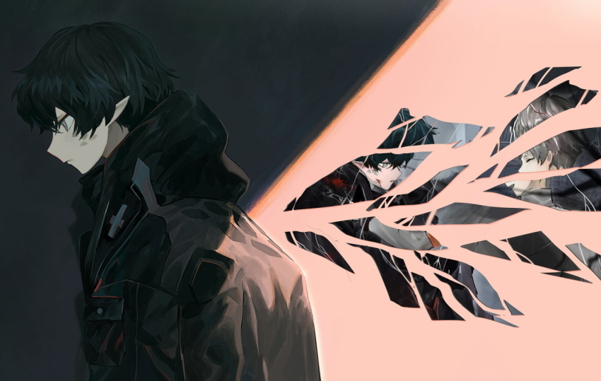 2boys :d arknights bangs black_hair blood blood_on_face closed_eyes facial_mark faust_(arknights) grey_eyes hair_between_eyes hood hooded_jacket injury jacket koio looking_at_another looking_down male_focus mephisto_(arknights) multiple_boys open_mouth pointy_ears profile shattered short_hair silver_hair simple_background smile
