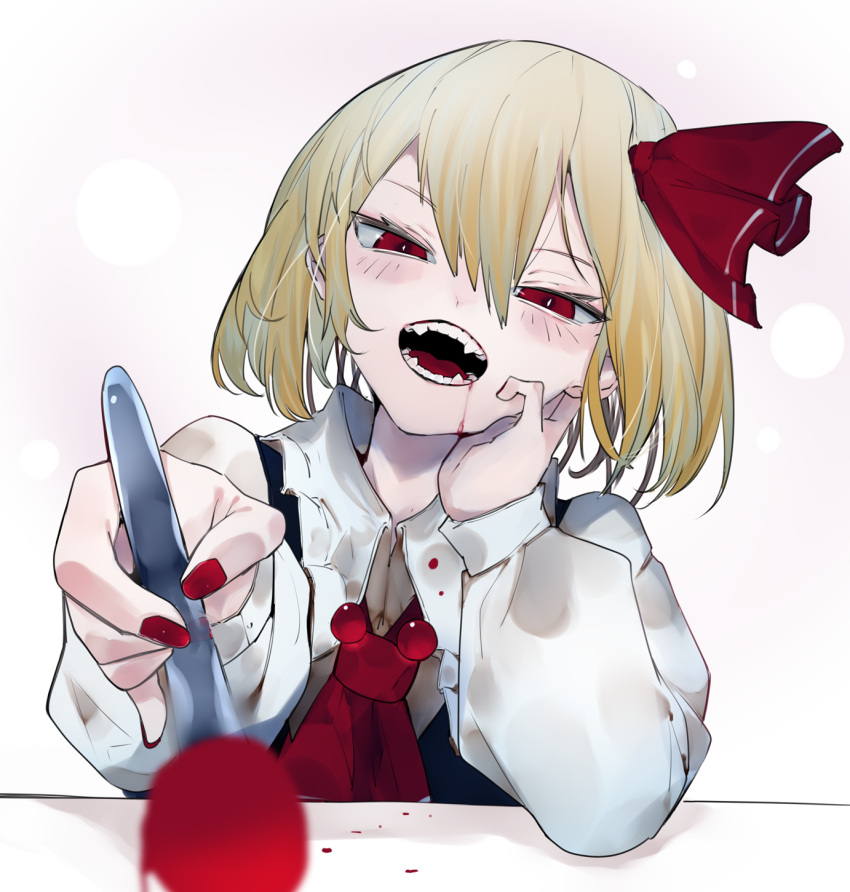 1girl arm_rest black_vest blush bow collared_shirt commentary_request fangs feeding hair_bow hair_ribbon highres ikurauni long_sleeves open_mouth platinum_blonde_hair red_eyes red_nails ribbon rumia shirt short_hair solo spoon touhou vest white_background white_shirt