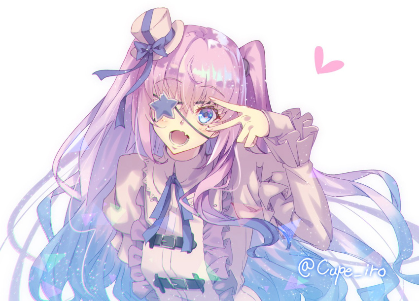 1girl bangs blue_eyes blue_hair breasts character_request copyright_request cupe. eyebrows_visible_through_hair eyepatch fang gothic_lolita gradient_hair hat light_blush lolita_fashion long_hair looking_at_viewer looking_up mini_hat multicolored_hair one_eye_covered purple_hair small_breasts solo twitter_username two_side_up v white_background