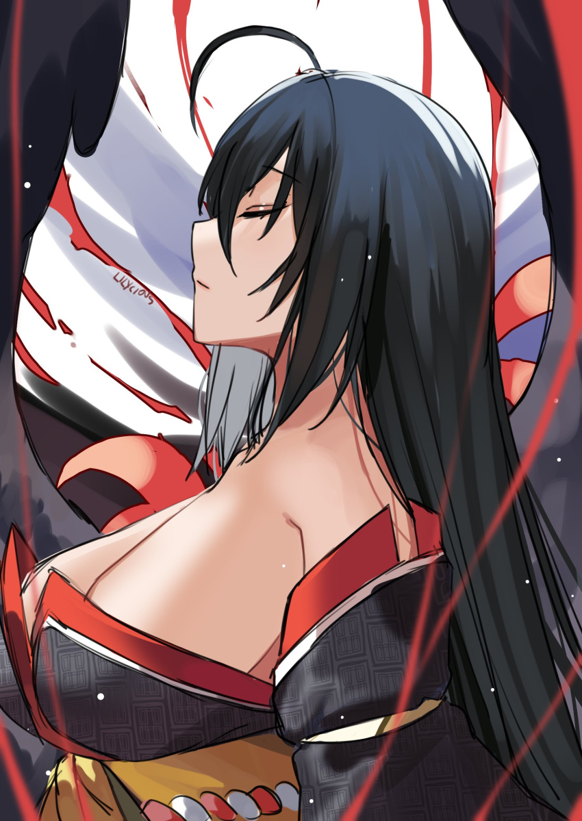 1girl absurdres ahoge artist_name azur_lane bare_shoulders black_hair black_kimono breasts closed_eyes cosplay dead_or_alive dead_or_alive_xtreme from_side hair_between_eyes highres japanese_clothes kimono large_breasts lilycious long_hair nyotengu nyotengu_(cosplay) off-shoulder_kimono off_shoulder sash sideboob solo string string_of_fate taihou_(azur_lane) upper_body yellow_sash