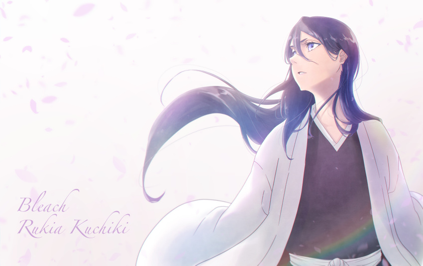 1girl absurdres black_hair bleach blue_eyes character_name cherry_blossoms copyright_name haori highres japanese_clothes kuchiki_rukia long_hair looking_to_the_side mitarashi_(5333069) petals solo upper_body
