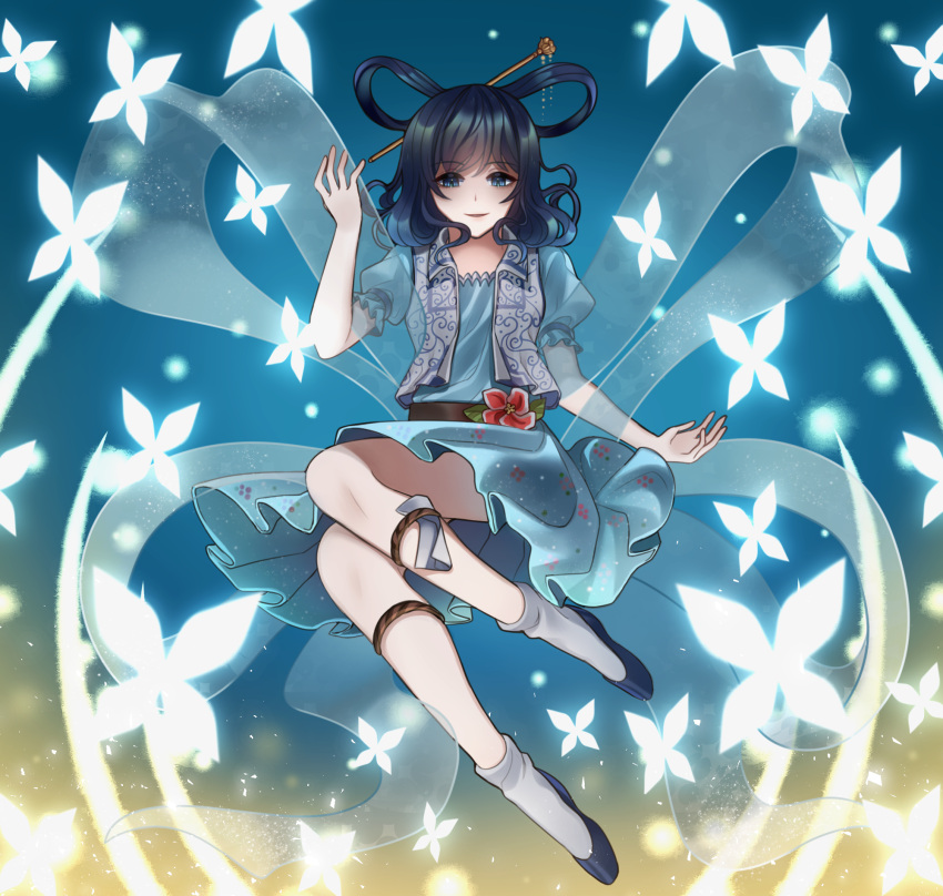 1girl belt blue_background blue_dress blue_eyes blue_footwear blue_hair bug butterfly danmaku dress eyebrows_visible_through_hair flat_chest floating flower glowing gradient gradient_background hagoromo hair_ornament hair_rings hair_stick hand_up highres insect kaku_seiga legband looking_down medium_hair nyl0n06 paper parted_lips puffy_short_sleeves puffy_sleeves rope shawl short_sleeves simple_background smile socks solo touhou