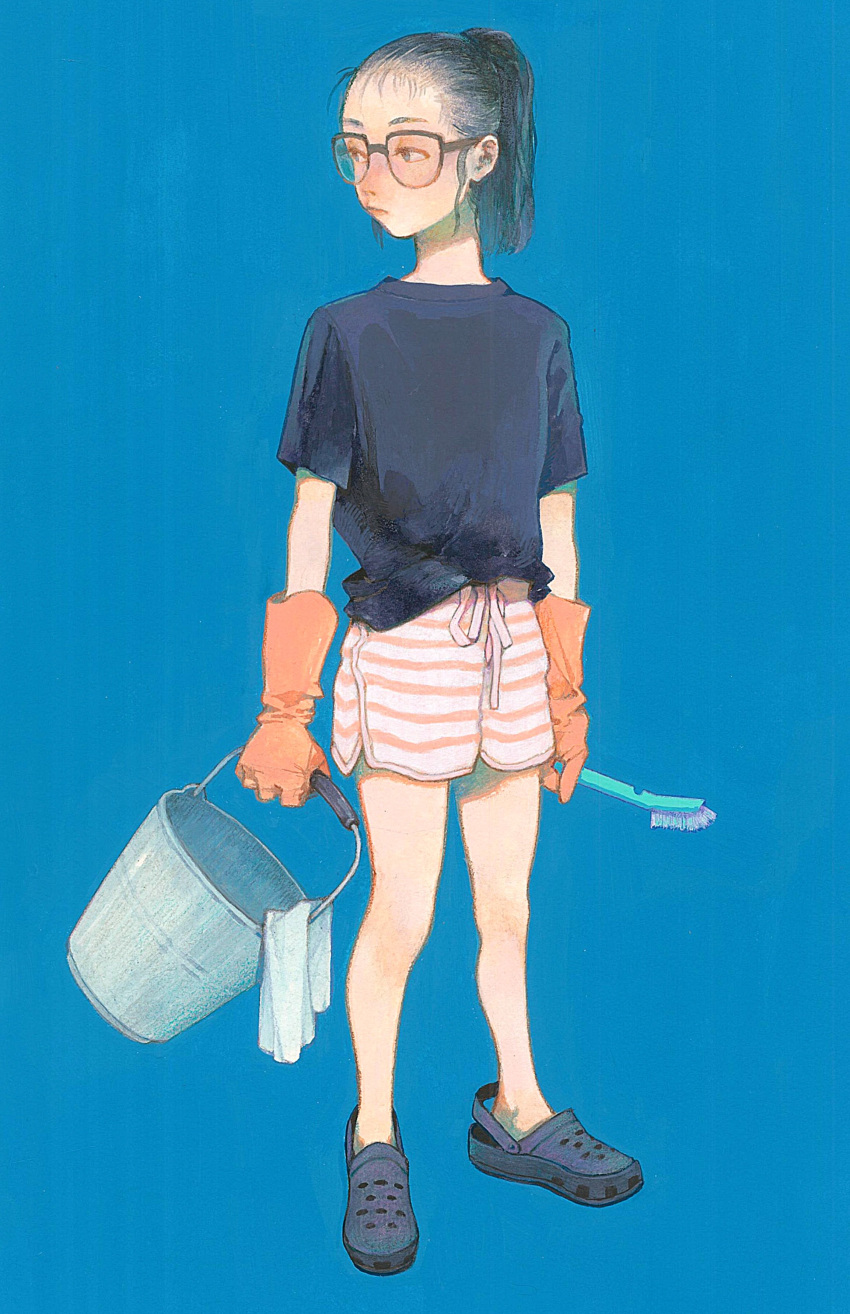 1girl absurdres black_hair black_shirt blue_background brush bucket crocs full_body glasses gloves highres holding holding_bucket kan0nakan0 orange_gloves original ponytail shirt short_sleeves shorts simple_background solo standing striped striped_shorts traditional_media