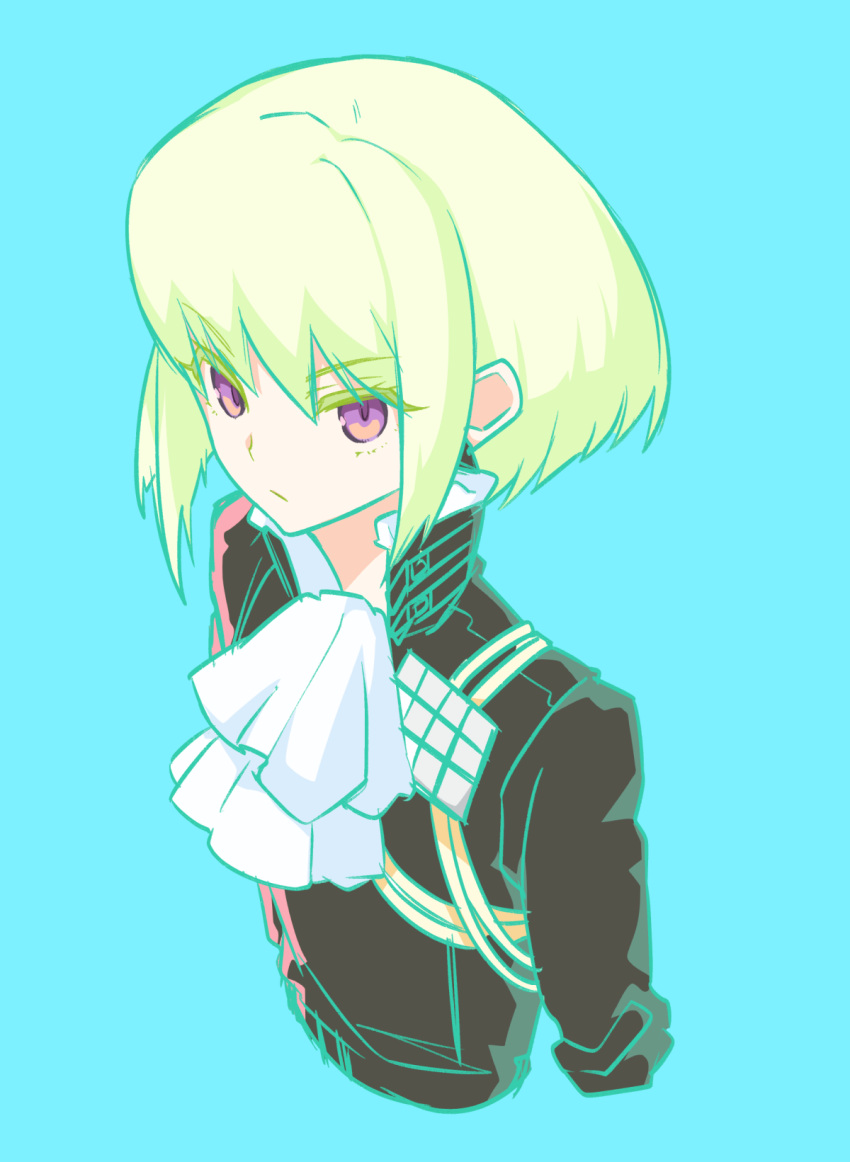 1boy bangs blue_background cravat eyebrows_visible_through_hair green_hair highres lio_fotia looking_at_viewer male_focus memeo_(candy_house) promare simple_background solo trigger_(company) violet_eyes