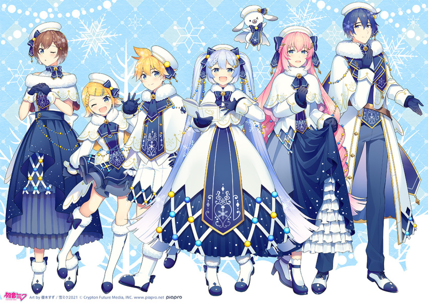 1other 2boys 4girls bangs bass_clef beret blonde_hair blue_background blue_bow blue_dress blue_gloves blue_hair blue_pants blue_tabard book boots bow bowtie braid brown_hair capelet christmas_lights coat commentary crypton_future_media dress frilled_skirt frills full_body fur-trimmed_boots fur-trimmed_capelet fur_trim gloves gold_trim hair_bow hair_ornament hairclip hand_on_own_chest hands_together hat hatsune_miku high_heels holding holding_book kagamine_len kagamine_rin kaito knee_boots layered_skirt leaning_forward light_blue_eyes light_blue_hair looking_at_viewer megurine_luka meiko miniskirt multiple_boys multiple_girls musical_note_hair_ornament off-shoulder_shirt off_shoulder official_art one_eye_closed open_book open_mouth pants piapro pink_hair rabbit rabbit_yukine shirt short_hair shorts sinaooo skirt skirt_hold smile snowflake_print snowflakes spiky_hair standing swept_bangs tabard treble_clef tree twintails vocaloid waving white_capelet white_coat white_dress white_footwear white_headwear white_shorts yuki_miku yuki_miku_(2021)