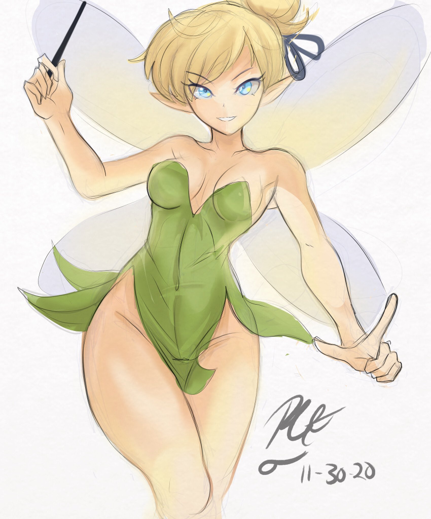 1girl aqua_eyes bare_shoulders blonde_hair breasts breasts_apart covered_navel cowboy_shot dated dress fairy fairy_wings green_dress highres holding holding_wand index_finger_raised no_panties peter_pan_(disney) rakeem_garcia-cueto signature simple_background solo strapless strapless_dress tinker_bell_(disney) wand white_background wings