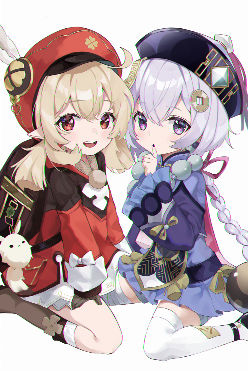2girls absurdres ahoge backpack bag bag_charm bandaged_leg bandages bangs black_footwear blonde_hair blush boots braid brown_footwear charm_(object) clover dress eumi_114 eyebrows_visible_through_hair feathers four-leaf_clover genshin_impact hair_between_eyes hair_ornament hat hat_feather highres jiangshi klee_(genshin_impact) knee_boots long_hair long_sleeves multiple_girls ofuda open_mouth pointy_ears pom_pom_(clothes) purple_dress purple_hair purple_headwear qing_guanmao qiqi red_dress red_eyes simple_background single_braid sitting thigh-highs twintails violet_eyes white_background white_legwear