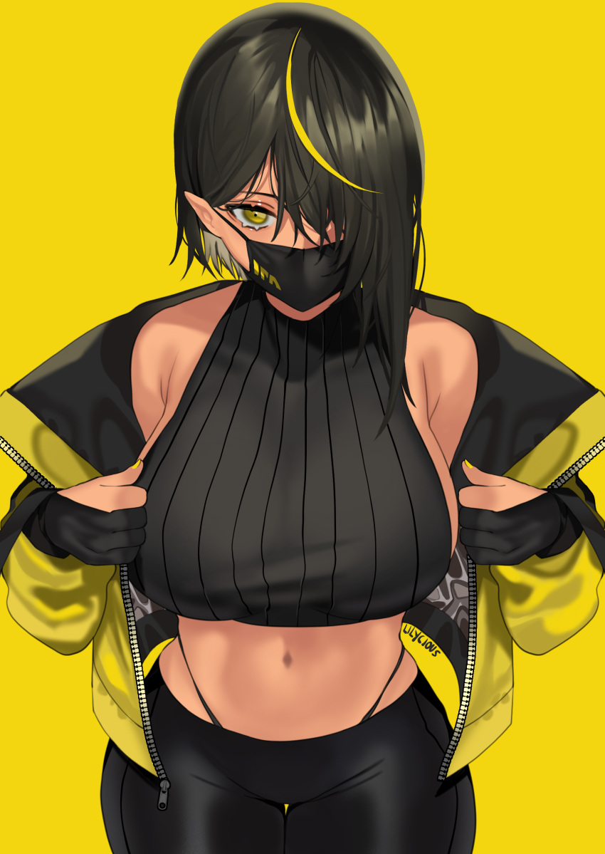 absurdres artist_name bare_shoulders black_gloves black_hair black_pants blonde_hair blush breasts collarbone covered_mouth cowboy_shot crop_top dark_elf dark_skin elf gloves hair_over_one_eye highres large_breasts lilycious long_hair long_sleeves looking_at_viewer mask mouth_mask multicolored_hair nail_polish navel original pants partially_fingerless_gloves pointy_ears sideboob simple_background stomach streaked_hair thigh_gap thong tight tight_pants undressing unzipped yellow_background yellow_eyes yellow_nails zipper zipper_pull_tab