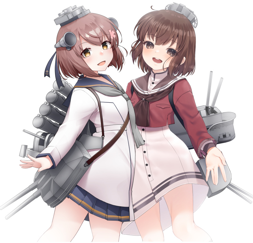 2girls absurdres anchor_symbol black_sailor_collar brown_eyes brown_hair brown_neckwear cherry_blossoms collaboration commentary_request cowboy_shot dress dual_persona flower grey_neckwear grey_sailor_collar hair_flower hair_ornament headgear headset highres inorin05kanae kantai_collection kirigakure_(kirigakure_tantei_jimusho) looking_at_viewer machinery multiple_girls neckerchief open_mouth red_shirt round_teeth sailor_collar sailor_shirt shirt short_hair simple_background smile speaking_tube_headset tan_yang_(kantai_collection) teeth upper_teeth white_background white_dress yukikaze_(kantai_collection)