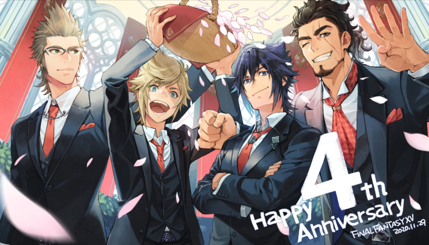 4boys :d anniversary arm_up arms_up basket black_hair black_jacket black_suit black_vest blonde_hair blue_eyes brown_hair clenched_hand closed_mouth collared_shirt crossed_arms dress_shirt facial_hair falling_petals final_fantasy final_fantasy_xv flower_basket formal gladiolus_amicitia glasses goatee green_eyes grin hands_up highres holding holding_basket ignis_scientia indoors jacket long_sleeves looking_away male_focus multiple_boys necktie noctis_lucis_caelum one_eye_closed open_mouth ponytail prompto_argentum red_neckwear scar scar_on_face shirt short_hair smile spiky_hair teeth vest white_shirt yuzukarin