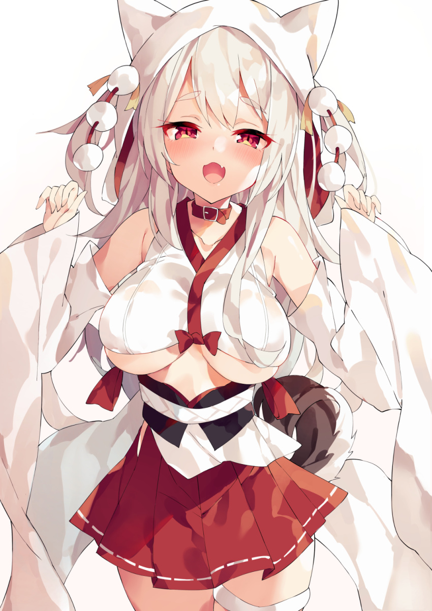 1girl :d animal_ears azur_lane bangs bare_shoulders blush bow breasts collar collarbone commentary_request cowboy_shot crop_top detached_sleeves eyebrows_visible_through_hair fake_animal_ears fang hands_up highres large_breasts long_hair long_sleeves looking_at_viewer obi open_mouth pleated_skirt red_bow red_collar red_eyes red_skirt sash silver_hair simple_background skirt sleeveless sleeves_past_wrists smile solo standing tail unacchi_(nyusankin) under_boob veil very_long_hair white_background white_sleeves wide_sleeves wolf_tail yuudachi_(azur_lane)