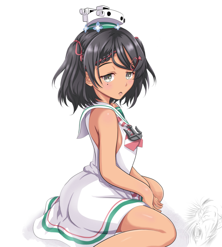 1girl black_hair blush dress grey_eyes hair_ornament hairclip highres kantai_collection mole mole_under_eye neckerchief open_mouth sailor_collar sailor_dress scirocco_(kantai_collection) short_hair simple_background sitting sleeveless sleeveless_dress solo tk8d32 two_side_up wariza white_background white_dress white_sailor_collar