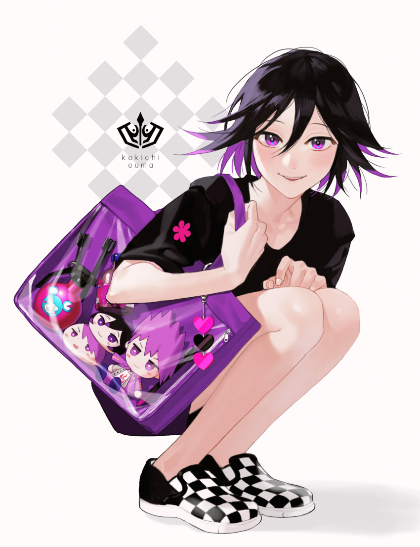 1boy bangs bare_legs black_hair black_shirt blush character_doll character_name checkered checkered_background checkered_floor checkered_shoes collarbone commentary dangan_ronpa full_body hair_between_eyes heart highres looking_at_viewer male_focus momota_kaito multicolored_hair new_dangan_ronpa_v3 on_(onon2659) open_mouth ouma_kokichi purple_hair shirt short_hair short_sleeves smile solo squatting two-tone_hair violet_eyes