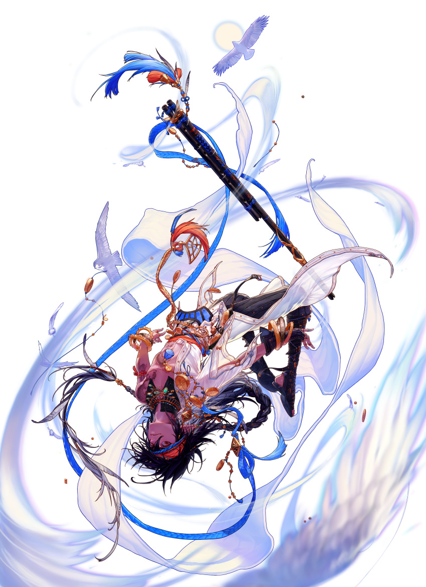 1boy absurdres artist_request bird black_hair black_pants braid dungeon_and_fighter feathers floating flying headband highres huge_filesize long_hair looking_at_viewer male_mage_(dungeon_and_fighter) official_art pants pointy_ears solo staff sun swift_master_(dungeon_and_fighter) transparent_background upside-down