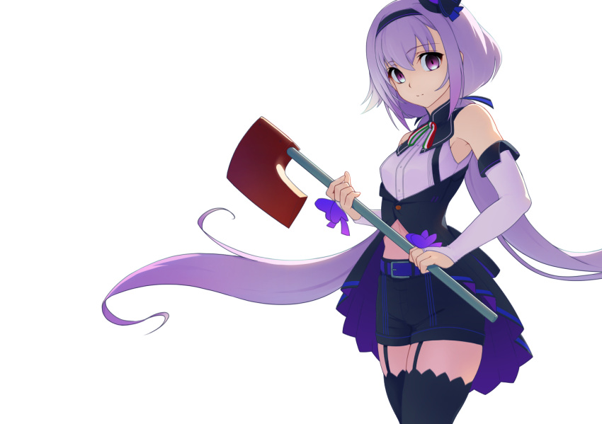 .live 1girl alternate_costume alternate_hairstyle axe carro_pino empty_eyes headband looking_at_viewer low_twintails namicha navel purple_hair shorts simple_background solo thigh-highs twintails violet_eyes virtual_youtuber white_background