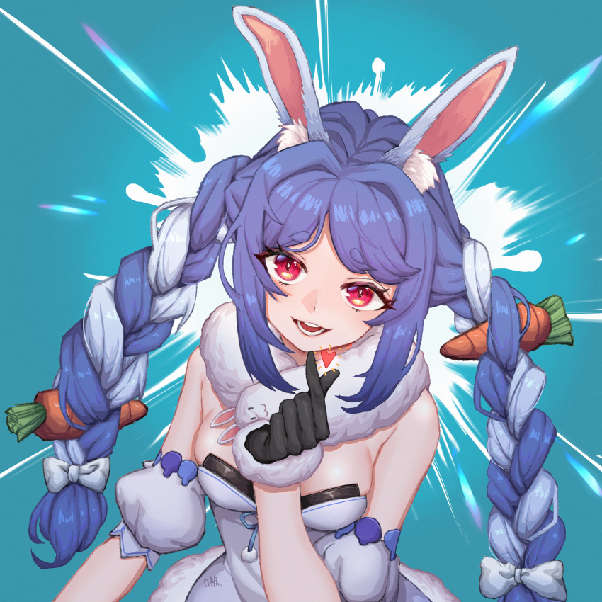 1girl :d absurdres animal_ear_fluff animal_ears aoaoaoao_(baiyanheibing) bangs bare_shoulders black_gloves blue_background blue_hair braid breasts carrot_hair_ornament chinese_commentary commentary_request detached_sleeves eyebrows_visible_through_hair eyelashes food_themed_hair_ornament gloves hair_intakes hair_ornament hand_up heart highres hololive index_finger_raised long_hair multicolored_hair open_mouth puffy_short_sleeves puffy_sleeves rabbit_ears red_eyes scarf short_sleeves sidelocks small_breasts smile solo strapless twin_braids twintails upper_body usada_pekora white_scarf