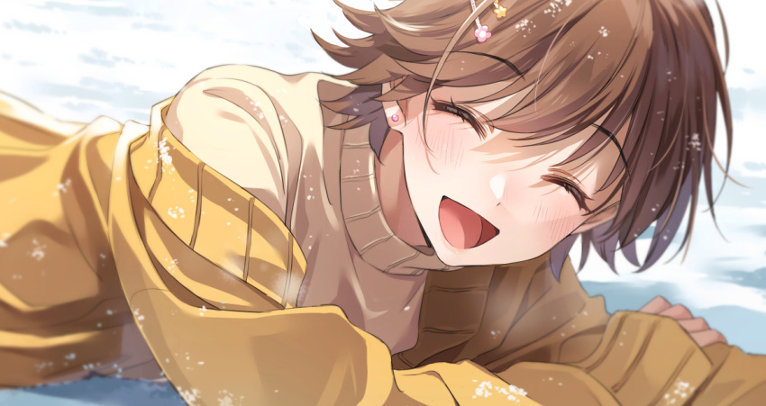 1girl brown_hair closed_eyes day earrings facing_viewer hair_ornament hairclip honda_mio idolmaster idolmaster_cinderella_girls jewelry long_sleeves lying on_stomach open_mouth outdoors short_hair snow solo sweater turtleneck turtleneck_sweater zattape
