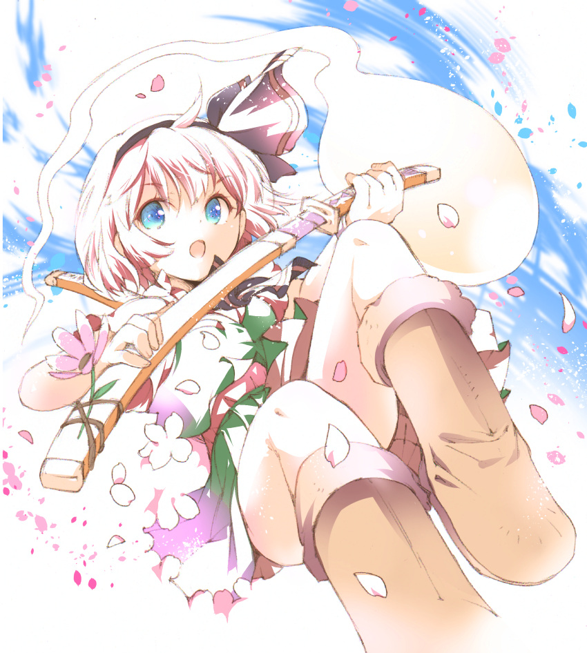 1girl :o absurdres bangs blue_eyes blue_sky boots brown_footwear cherry_blossoms clouds commentary eyebrows_visible_through_hair flower foreshortening green_skirt green_vest hair_ribbon highres ichizen_(o_tori) knee_boots knee_up konpaku_youmu konpaku_youmu_(ghost) leaning_back looking_at_viewer open_mouth petals ribbon scabbard sheath short_hair skirt sky solo sword touhou unsheathing vest weapon white_hair