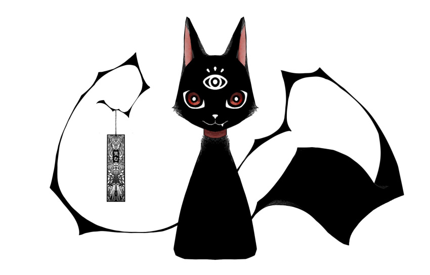 animal black_cat cat closed_mouth collar fang fang_out highres mascot no_humans original red_collar red_eyes simple_background smile tail third_eye white_background zero808w zeroko_(zero808w)
