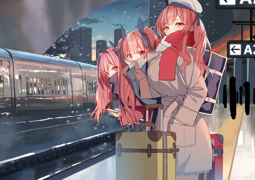 3girls ahoge akusema azur_lane bag black_legwear blush bow breasts bremerton_(azur_lane) city color_connection commentary_request ground_vehicle hair_bow highres honolulu_(azur_lane) large_breasts long_hair long_sleeves look-alike multiple_girls red_eyes redhead scarf snowing thigh-highs train train_station trait_connection twintails zara_(azur_lane)