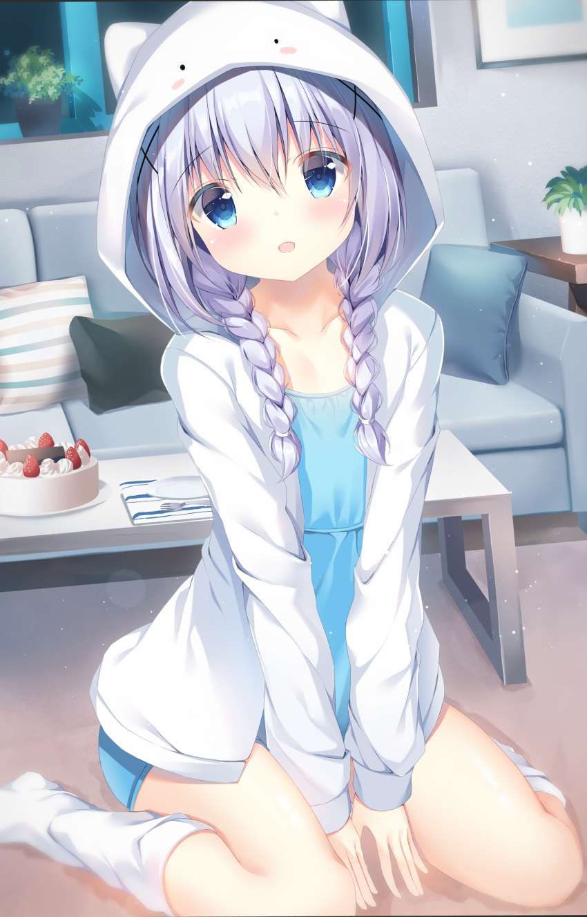 1girl absurdres bangs blue_dress blue_eyes braid cake character_hood collarbone commentary_request couch dress eyebrows_visible_through_hair food fruit gochuumon_wa_usagi_desu_ka? hair_between_eyes hair_ornament hair_over_shoulder highres hood hood_up hooded_jacket indoors jacket kafuu_chino kneehighs long_hair low_twintails no_shoes on_floor open_clothes open_jacket pillow pizzzica purple_hair sitting solo strawberry table twin_braids twintails wariza white_jacket white_legwear window x_hair_ornament