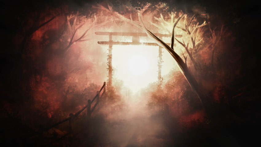 akyuun bare_tree blurry blurry_background english_commentary engrish_commentary fence forest highres landscape light nature no_humans original path plant scenery torii tree vines wooden_fence