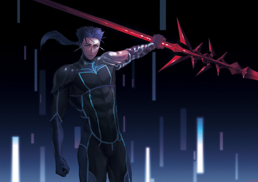 1boy abs absurdres angry armor beads blue_hair bodysuit clenched_hand closed_mouth cowboy_shot cu_chulainn_(fate)_(all) earrings fate/extra fate_(series) frown gae_bolg hair_beads hair_ornament highres holding holding_polearm holding_weapon jakojakojako jewelry long_hair male_focus muscle outstretched_arm pauldrons polearm ponytail red_eyes shoulder_armor skin_tight solo spiky_hair type-moon weapon