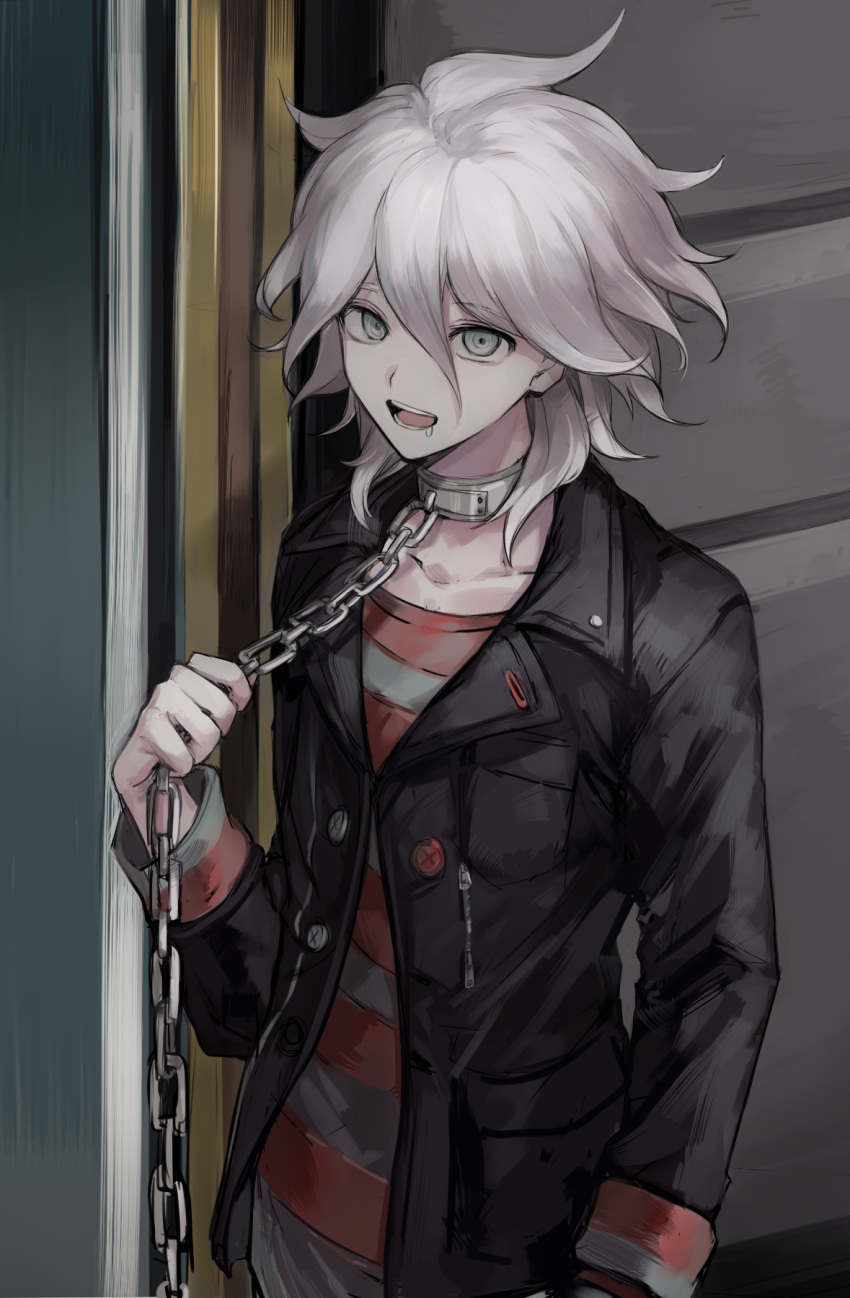 1boy arm_at_side bangs black_jacket black_sweater chain collar collarbone commentary_request dangan_ronpa drooling grey_eyes grey_hair hair_between_eyes hand_up highres holding holding_chain jacket komaeda_nagito long_sleeves looking_at_viewer male_focus medium_hair metal_collar muuyiie official_alternate_costume open_clothes open_jacket red_sweater solo standing striped striped_sweater sweater upper_body zettai_zetsubou_shoujo