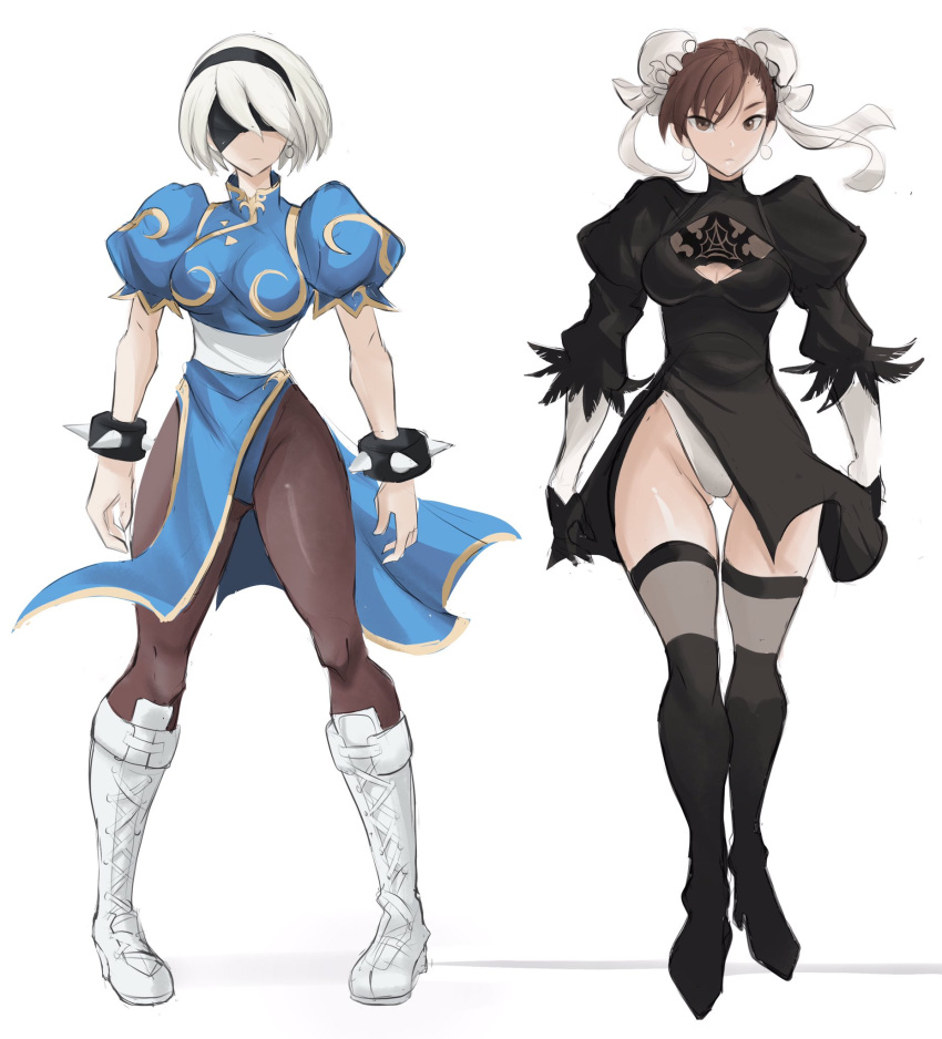 2girls black_blindfold black_dress black_footwear black_hairband blindfold blue_dress boots bracelet brown_eyes brown_hair bun_cover china_dress chinese_clothes chun-li chun-li_(cosplay) cleavage_cutout clothing_cutout cosplay costume_switch dress earrings feather-trimmed_sleeves full_body hairband highres jewelry juliet_sleeves long_sleeves multiple_girls nier_(series) nier_automata pantyhose pelvic_curtain puffy_short_sleeves puffy_sleeves rakeem_garcia-cueto short_hair short_sleeves simple_background spiked_bracelet spikes standing street_fighter thigh-highs white_background white_footwear white_hair yorha_no._2_type_b yorha_no._2_type_b_(cosplay)