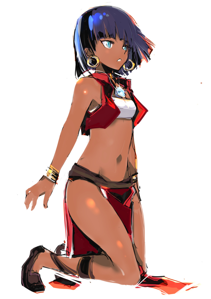 1girl bandeau bangs bare_shoulders blue_eyes blunt_bangs bob_cut bracelet dark_skin dark-skinned_female earrings fushigi_no_umi_no_nadia gem highres jewelry lace-up loincloth looking_ahead midriff nadia navel neck_ring necklace parted_lips pendant purple_hair red_vest sandals short_hair simple_background sketch solo strapless thighs vest white_background white_bandeau wind yoto_(rinlin2)