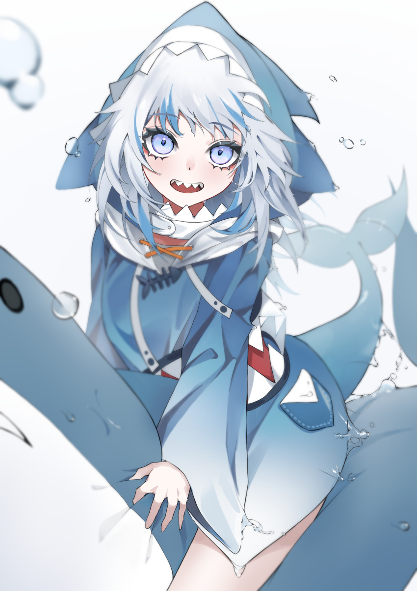 1girl absurdres animal_hood bangs blue_eyes blue_hair commentary_request fangs fish_tail gawr_gura highres hololive hololive_english hood hood_up kuma_(wctv5527) long_sleeves looking_at_viewer multicolored multicolored_eyes multicolored_hair open_mouth shark_hood shark_tail sharp_teeth short_hair silver_hair sitting smile solo straddling streaked_hair stuffed_animal stuffed_shark stuffed_toy tail teeth upper_teeth virtual_youtuber water water_drop