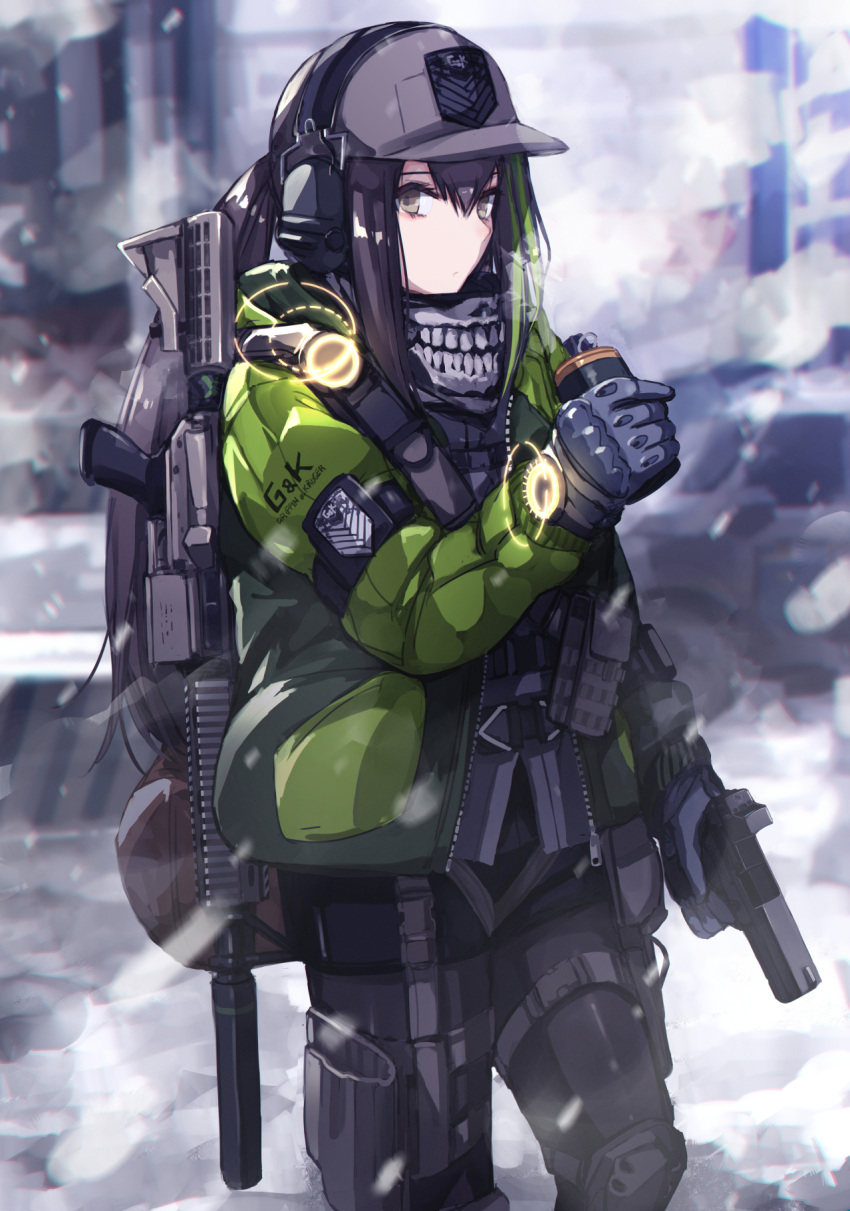 1girl abandoned alternate_costume armband assault_rifle backpack bag bangs baseball_cap belt_pouch black_hair black_legwear black_shorts brown_eyes building bulletproof_vest car closed_mouth commentary ear_protection emblem english_commentary english_text explosive eyebrows from_side girls_frontline glock_40 gloves green_hair green_jacket grenade grifon_&amp;_kryuger ground_vehicle gun handgun hat headphones highres holding holding_grenade holding_gun holding_weapon holster holstered_weapon jacket knee_guards knee_pads looking_at_viewer m4_carbine m4a1_(girls_frontline) mishima_hiroji motor_vehicle multicolored_hair optical_sight outdoors pantyhose pouch radio rifle roadblock scarf short_shorts shorts sidelocks sight snow snowing solo standing strap suppressor tactical_clothes thigh_holster thigh_pouch tom_clancy's_the_division vest_pouch watch weapon weapon_on_back