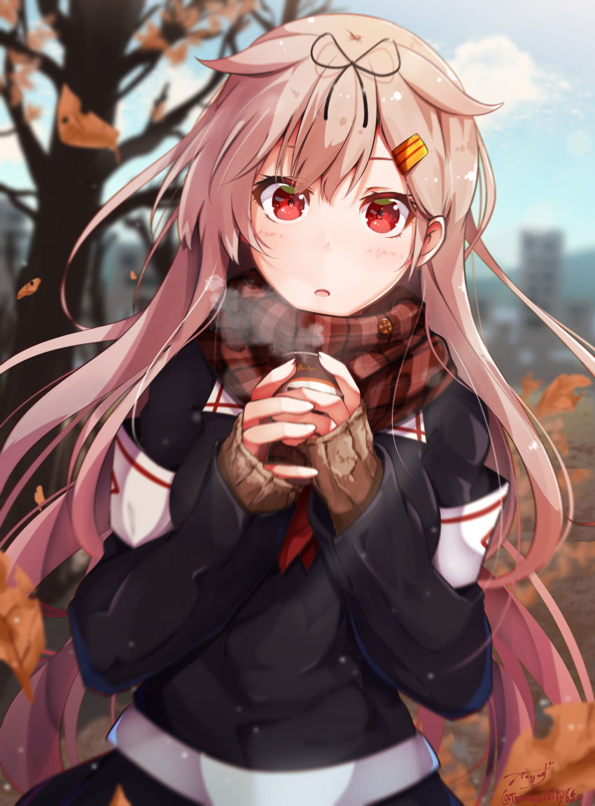 1girl absurdres adapted_costume artist_name baileys_(tranquillity650) black_ribbon black_skirt blonde_hair blurry blurry_background blush brown_scarf can day hair_flaps hair_ribbon highres holding holding_can kantai_collection leaf long_hair long_sleeves looking_at_viewer neckerchief open_mouth pleated_skirt red_eyes red_neckwear remodel_(kantai_collection) ribbon scarf signature skirt solo twitter_username yuudachi_(kantai_collection)