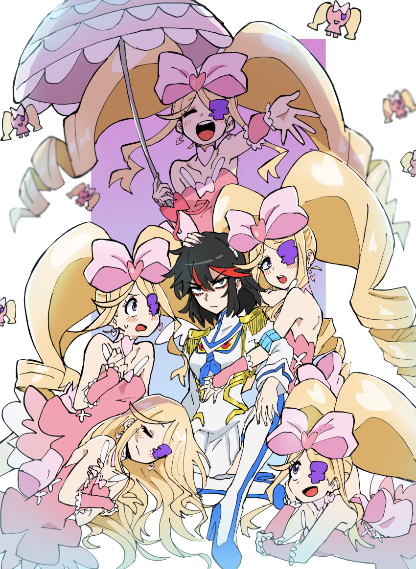 6+girls absurdres alternate_hairstyle bare_shoulders big_hair black_hair blonde_hair blush boots bow dress drill_hair earrings epaulettes eyepatch hair_down harime_nui heart heart_earrings highlights highres huge_bow jealous jewelry junketsu kamui_(kill_la_kill) kill_la_kill long_hair looking_at_viewer lying matoi_ryuuko multicolored_hair multiple_girls on_stomach open_mouth outstretched_hand pink_bow pink_dress potomithu redhead short_hair simple_background sleeping streaked_hair thigh-highs thigh_boots twin_drills twintails umbrella very_long_hair white_background white_legwear yuri