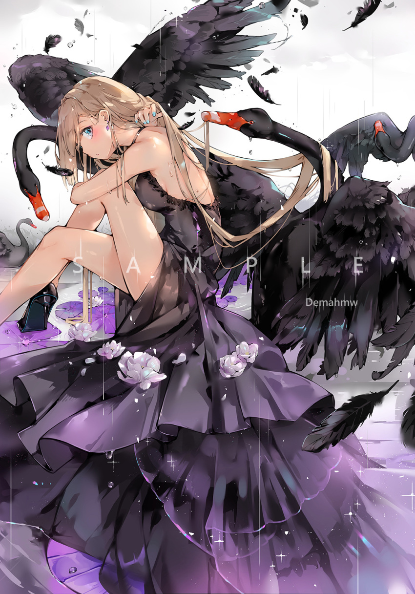 1girl artist_name bare_legs bare_shoulders bird blonde_hair blue_eyes daima_hmw dress earrings eyelashes girls_frontline high_heels highres jewelry long_hair looking_at_viewer nail_polish parted_lips signature sitting suomi_kp31_(girls_frontline) swan water