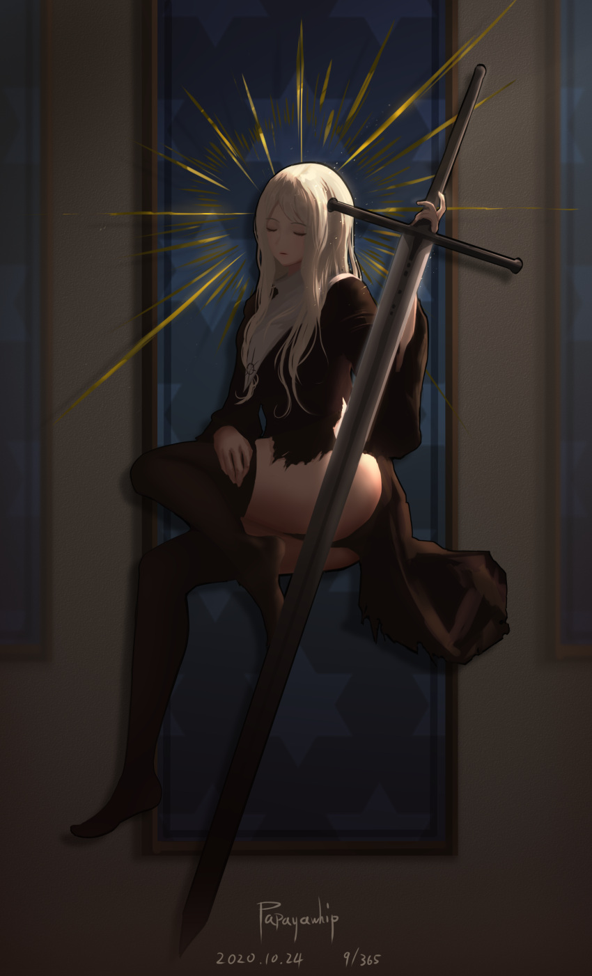 1girl absurdres black_outline blonde_hair closed_eyes dated eyebrows_visible_through_hair greatsword highres holding holding_sword holding_weapon long_hair number original outline papayawhip parted_lips patterned signature solo star_(symbol) sword torn torn_clothes weapon