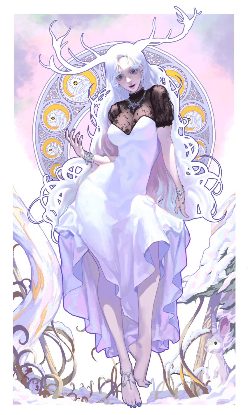 1girl absurdres antlers barefoot black_eyes blue_nails breasts covered_navel dress earrings full_body heo_sung-moo highres jewelry large_breasts long_hair mole mole_under_mouth necklace original parted_lips plant rabbit short_sleeves solo very_long_hair white_dress white_hair