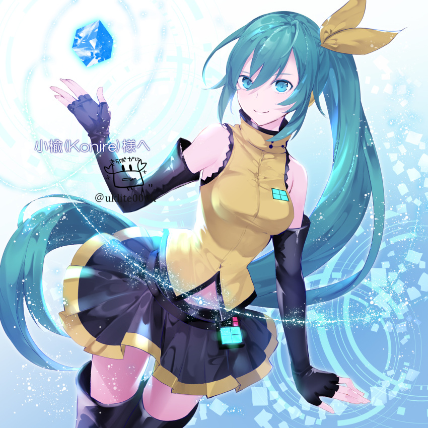 1girl aqua_eyes aqua_hair bangs bare_shoulders black_gloves black_legwear black_skirt breasts brown_ribbon brown_shirt closed_mouth commentary_request cube elbow_gloves eyebrows_behind_hair fingerless_gloves gloves hair_between_eyes hair_ribbon hand_up hatsune_miku highres long_hair medium_breasts pleated_skirt ribbon shirt side_ponytail signature skirt sleeveless sleeveless_shirt smile solo standing thigh-highs twitter_username very_long_hair vocaloid yuuki_kira