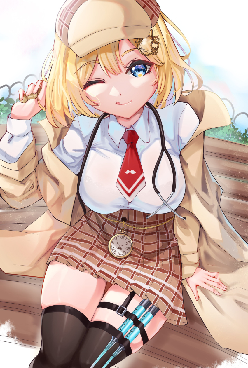 1girl :q absurdres bench blonde_hair blue_eyes bra bra_peek coat cromwellb deerstalker detective eyebrows_visible_through_hair hair_ornament hat highres hololive hololive_english monocle_hair_ornament necktie one_eye_closed pocket_watch see-through sitting solo stethoscope syringe thigh-highs tongue tongue_out underwear watch watson_amelia zettai_ryouiki