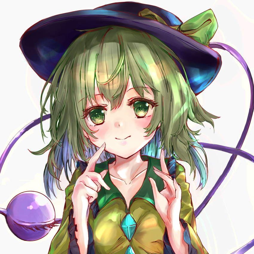1girl absurdres black_headwear blouse bow breasts closed_mouth collarbone commentary_request eyeball eyebrows_visible_through_hair finger_to_mouth green_bow green_eyes green_hair hair_between_eyes hands_up hat hat_bow highres ikazuchi_akira komeiji_koishi long_sleeves looking_at_viewer medium_hair simple_background small_breasts smile solo third_eye touhou upper_body white_background wide_sleeves yellow_blouse
