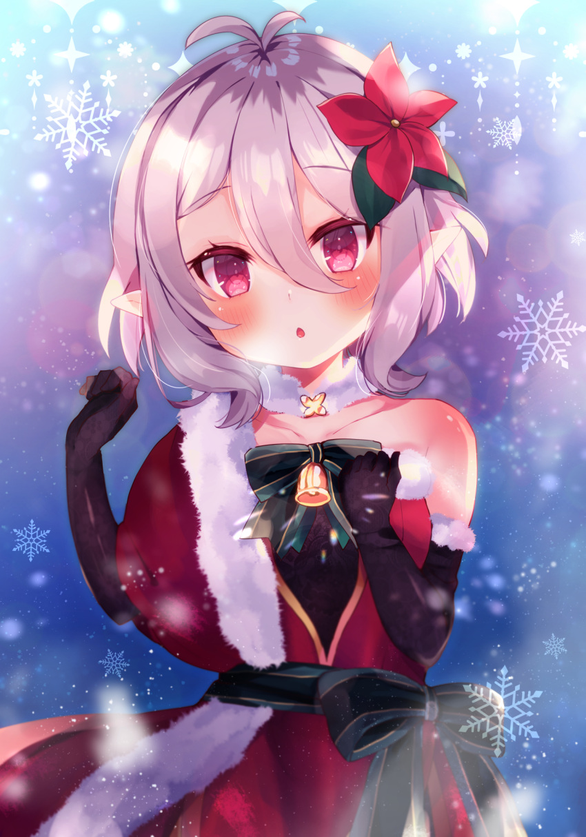 1girl antenna_hair bangs bare_shoulders bell beniko_(ymdbnk) black_gloves blush bow breasts collarbone commentary_request dress elbow_gloves eyebrows_visible_through_hair flower fur-trimmed_dress fur-trimmed_gloves fur_trim gloves green_bow hair_between_eyes hair_flower hair_ornament hands_up highres kokkoro_(princess_connect!) princess_connect! princess_connect!_re:dive red_dress red_eyes red_flower silver_hair small_breasts snowflakes solo strapless strapless_dress striped striped_bow