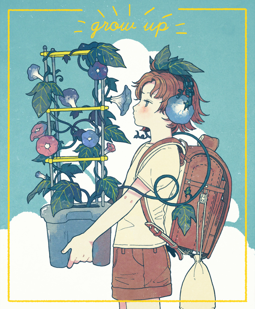 1girl backpack bag blue_eyes blue_flower blush brown_bag brown_shorts clouds cowboy_shot english_text flower highres junngoro leaf morning_glory original plant profile red_flower shirt short_sleeves shorts solo yellow_shirt