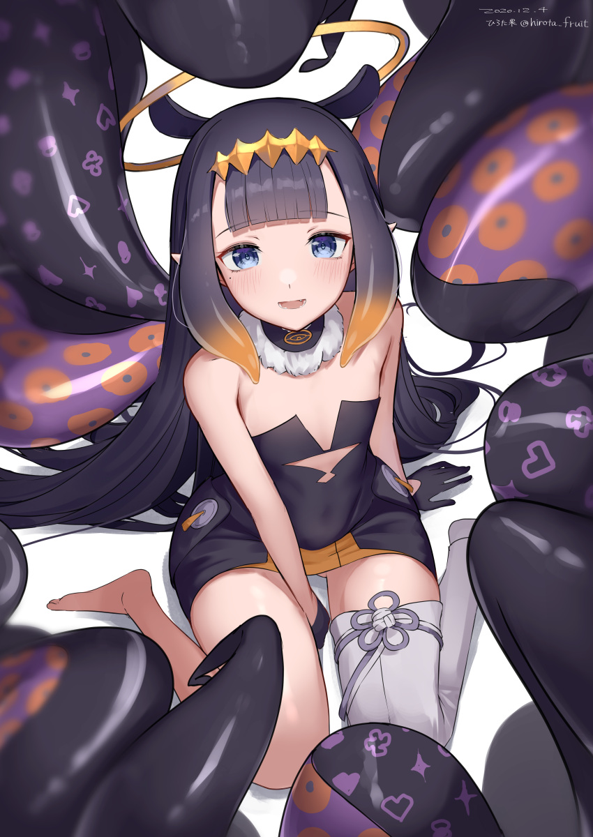 1girl :d absurdres arm_support bangs bare_arms bare_shoulders barefoot between_legs black_dress black_gloves black_hair blue_eyes blush brown_hair commentary dated dress eyebrows_visible_through_hair flat_chest gloves gradient_hair half_gloves halo hand_between_legs highres hirota_fruit hololive hololive_english huge_filesize long_hair looking_at_viewer multicolored_hair ninomae_ina'nis open_mouth shadow single_thighhigh sitting smile solo strapless strapless_dress tentacles thigh-highs twitter_username very_long_hair virtual_youtuber wariza white_background white_legwear