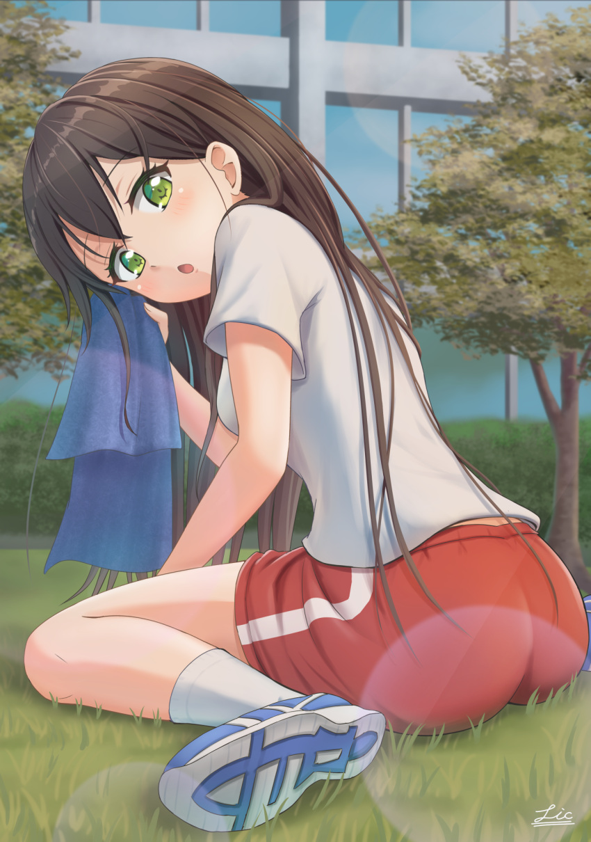 1girl :o artist_name ass bang_dream! bangs black_hair blush breasts brown_hair commentary_request from_side green_eyes gym_uniform hanazono_tae hand_up highres lic_(licloud28) long_hair looking_at_viewer looking_back medium_breasts on_grass open_mouth outdoors red_shorts shirt shoes short_sleeves shorts sitting socks solo towel tree wariza white_shirt