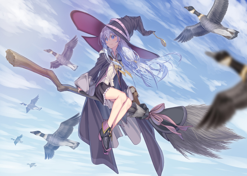 1girl bird black_footwear black_headwear black_skirt blue_eyes blue_sky broom broom_riding day elaina_(majo_no_tabitabi) goose grey_hair hat hatorisougo highres long_hair long_sleeves looking_to_the_side majo_no_tabitabi outdoors pink_ribbon ribbon sidesaddle silver_hair skirt sky smile solo white_hair witch witch_hat