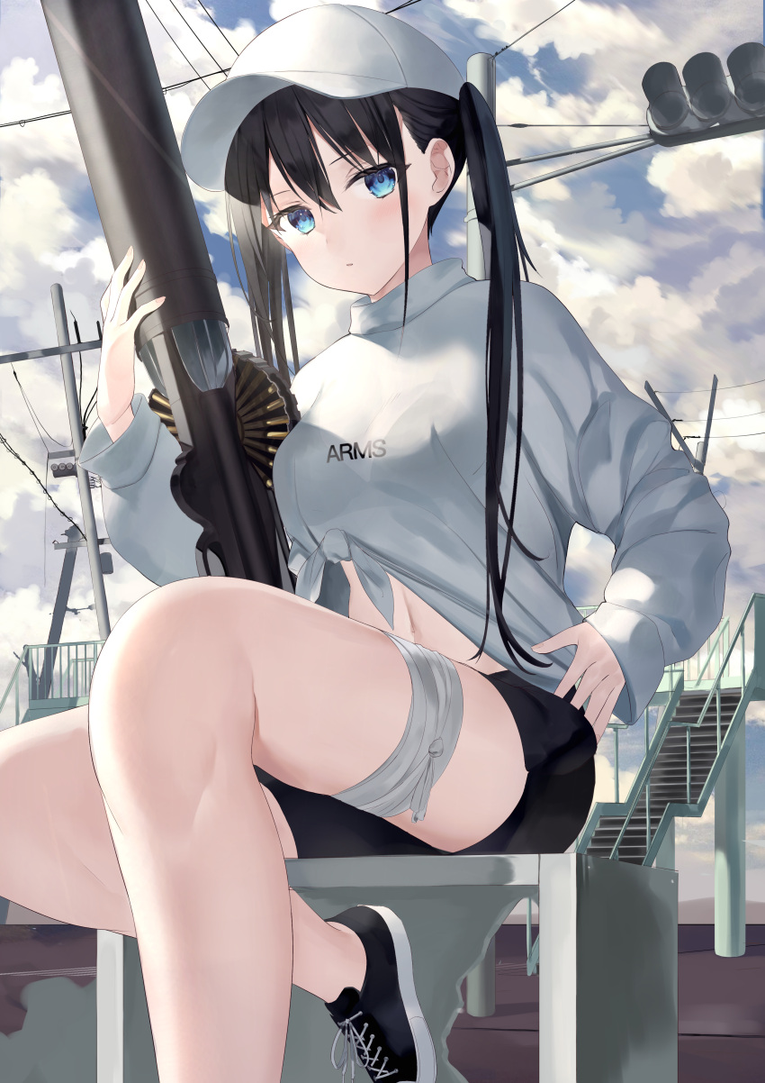 1girl absurdres bandaged_leg bandages bare_legs baseball_cap black_bra black_hair black_shorts blue_eyes bra bra_through_clothes breasts closed_mouth clouds cloudy_sky front-tie_top hat highres holding holding_weapon long_hair long_sleeves looking_at_viewer medium_breasts midriff navel original outdoors see-through shirt shoes short_shorts shorts sidelocks sky sneakers solo thighs traffic_light twintails underwear weapon white_headwear white_shirt zukan_(db_tyoutyo)