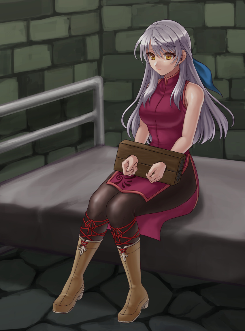 1girl absurdres bangle black_legwear boots bound bound_wrists bracelet breasts commission dress fire_emblem fire_emblem:_radiant_dawn hair_ribbon half_updo hazuki_(nyorosuke) highres indoors jewelry leggings long_hair micaiah_(fire_emblem) on_bed pantyhose ribbon side_slit silver_hair sitting sitting_on_bed skeb_commission sleeveless sleeveless_dress solo stone_floor stone_wall turtleneck_dress wall yellow_eyes